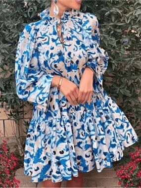 H&M 100% Organic Cotton Blue & White Abstract Print Ruffle Dress Sz XS